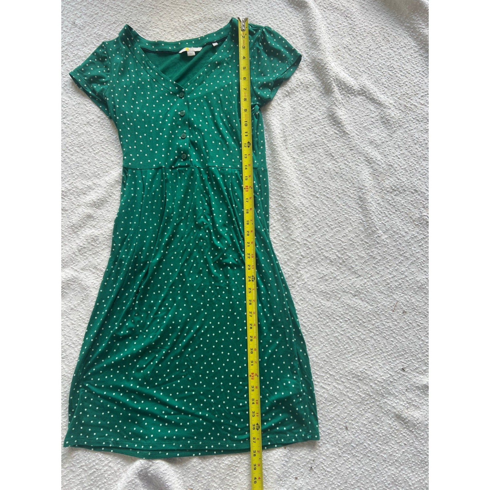 Boden Green Polka Dot V-Neck Button Front Jersey Dress Short Sleeve US 6R