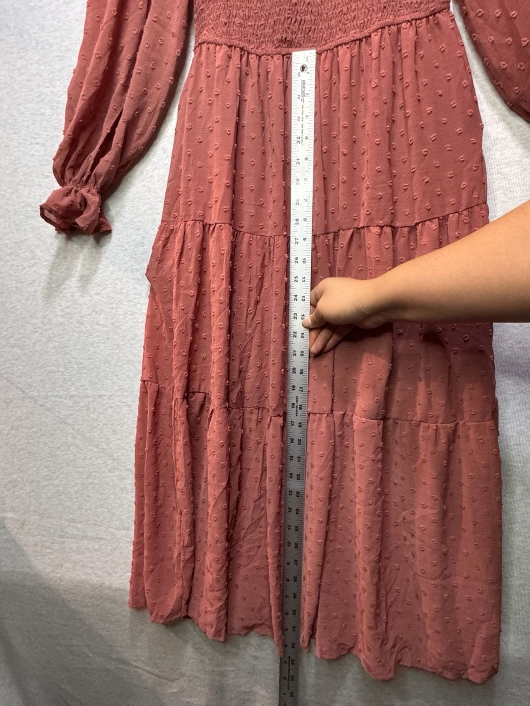 S – Lace & Lilac Long Sleeve Smocked Tiered Midi Dress in Rust