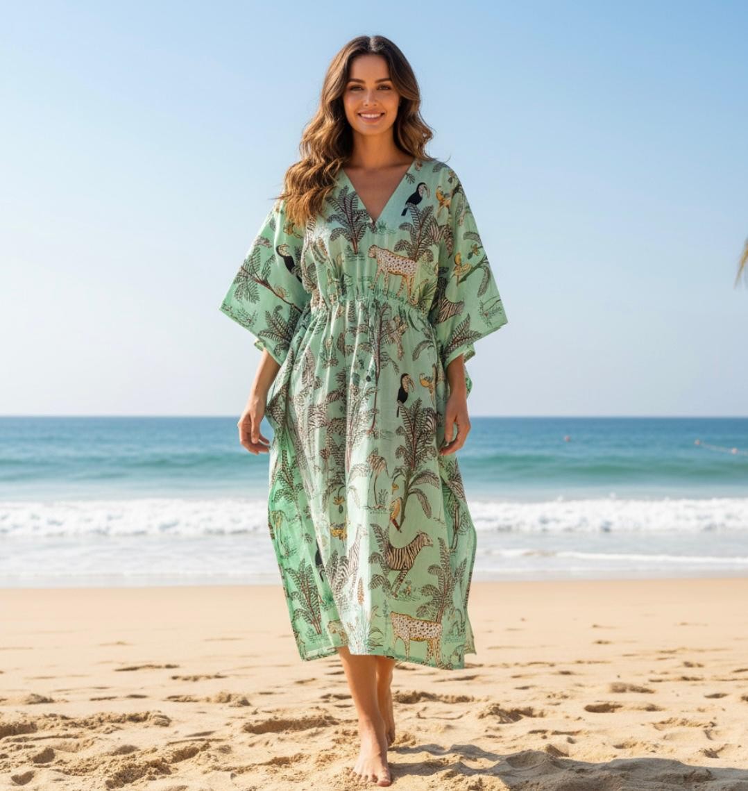 Anokhi Indian Cotton Kaftan Hand Block Print Caftan Beach Wear Night Maxi Gown