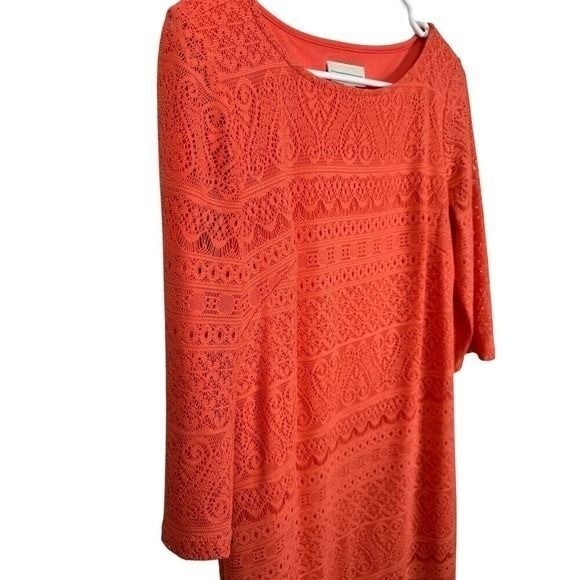 Dana Buchman Coral Orange Lace Sheath Dress 3/4 Sleeve Scallop Hem Size 8