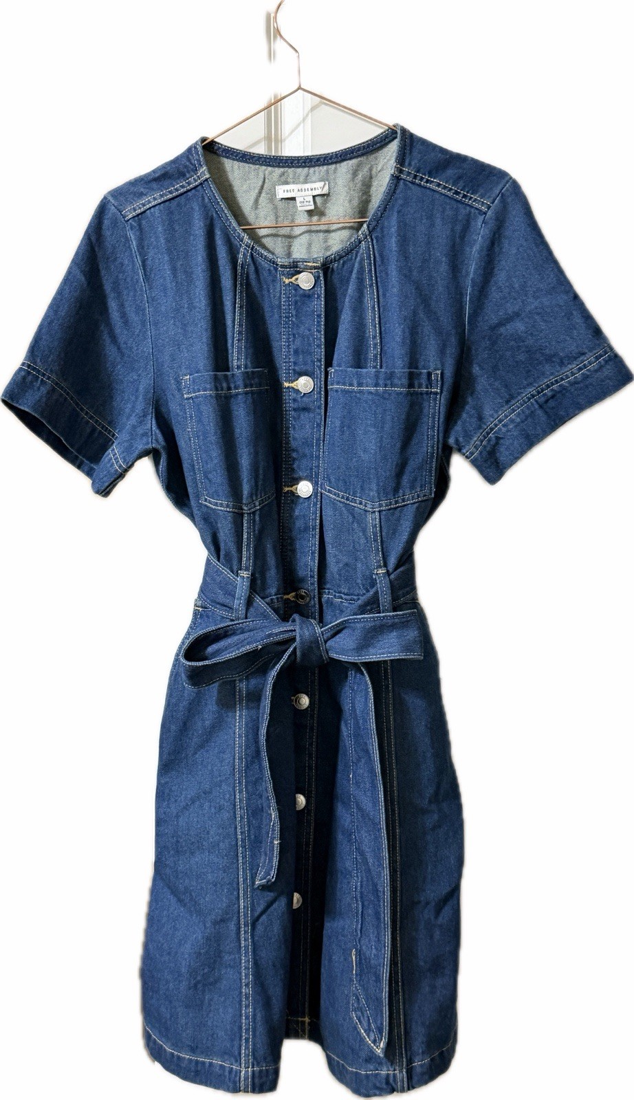 Free Assembly Denim Shirt Dress Blue Solid Button Front Belted Pockets Scoop L