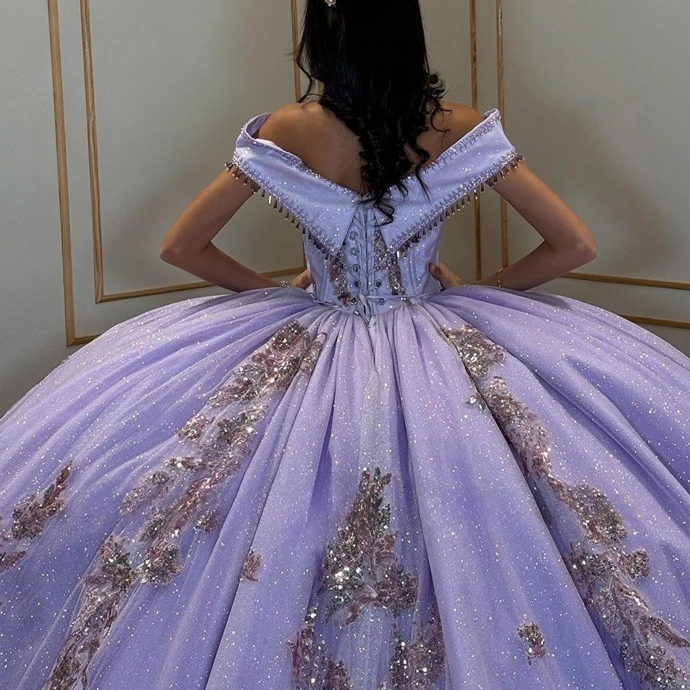 Off Shoulder Lavender Glitter Tulle Floral Beaded Quinceanera Sweet15 Gown