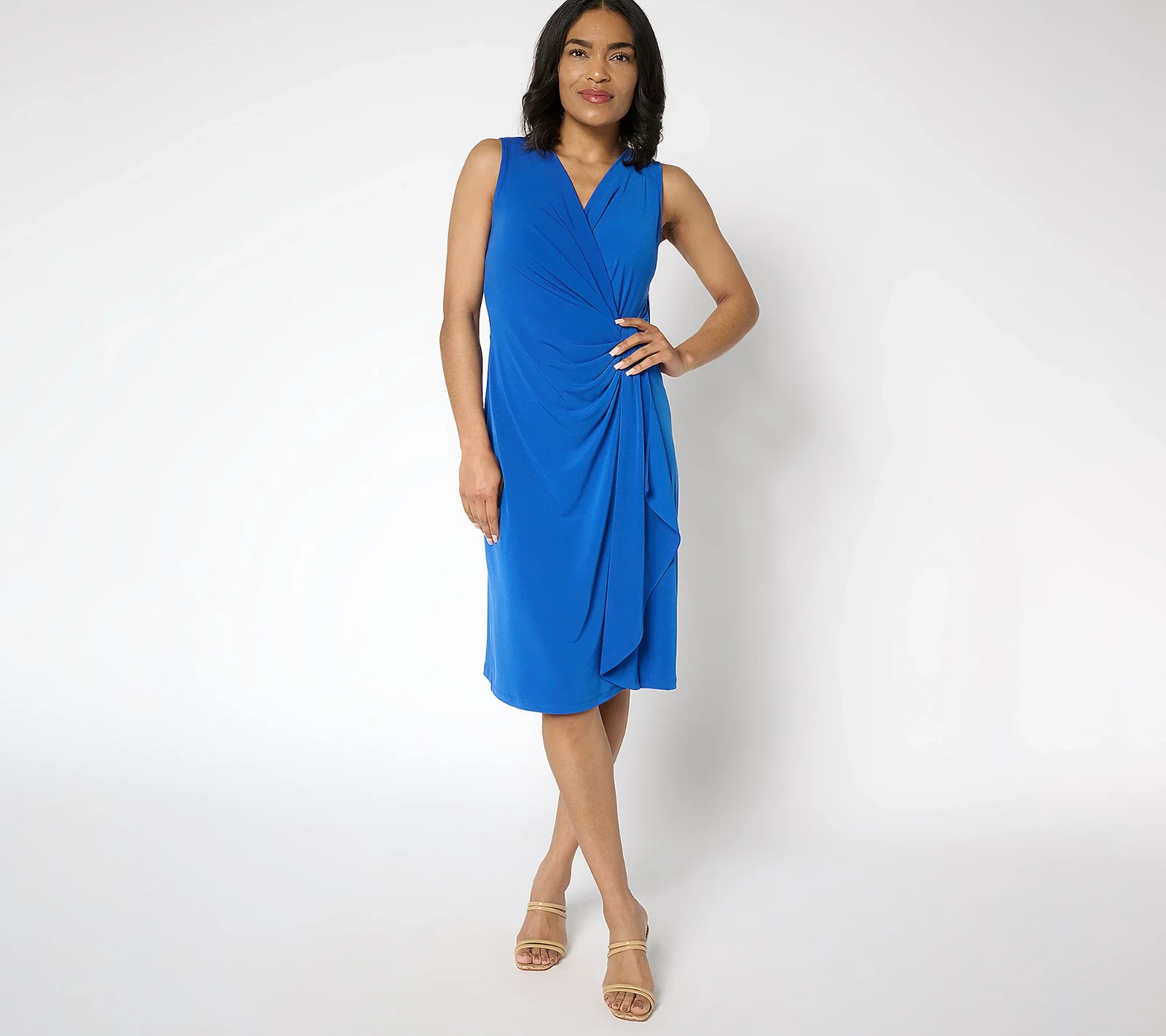 Susan Graver Liquid Knit Faux Wrap Cascade Dress Tall Cobalt Dream M