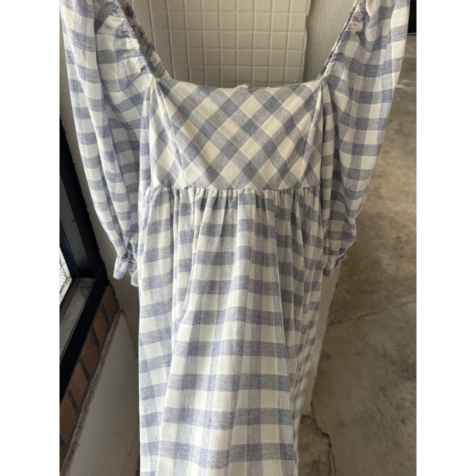 Storia Blue Gingham Puff Sleeve Babydoll Mini Dress Square Neck JD2443A Medium