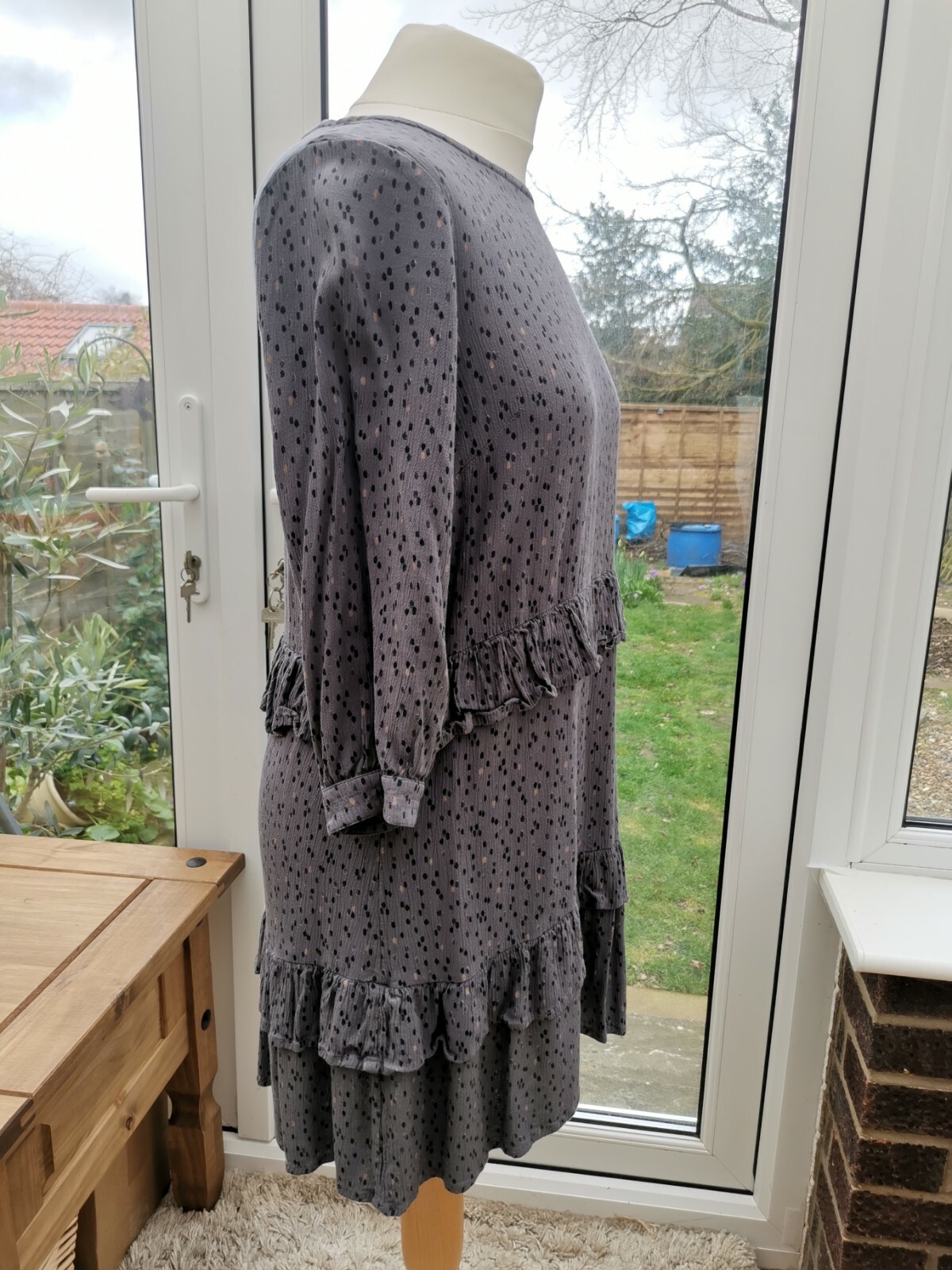 FatFace Copper And Black Grey Spot Ruffle Smock Dress Size 10