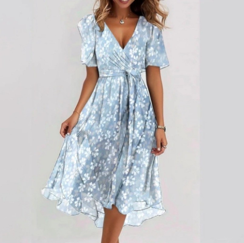 Chiffon Printed Short Sleeve Dress Summer Elegant V-neck Dresses-Womens-Clothing