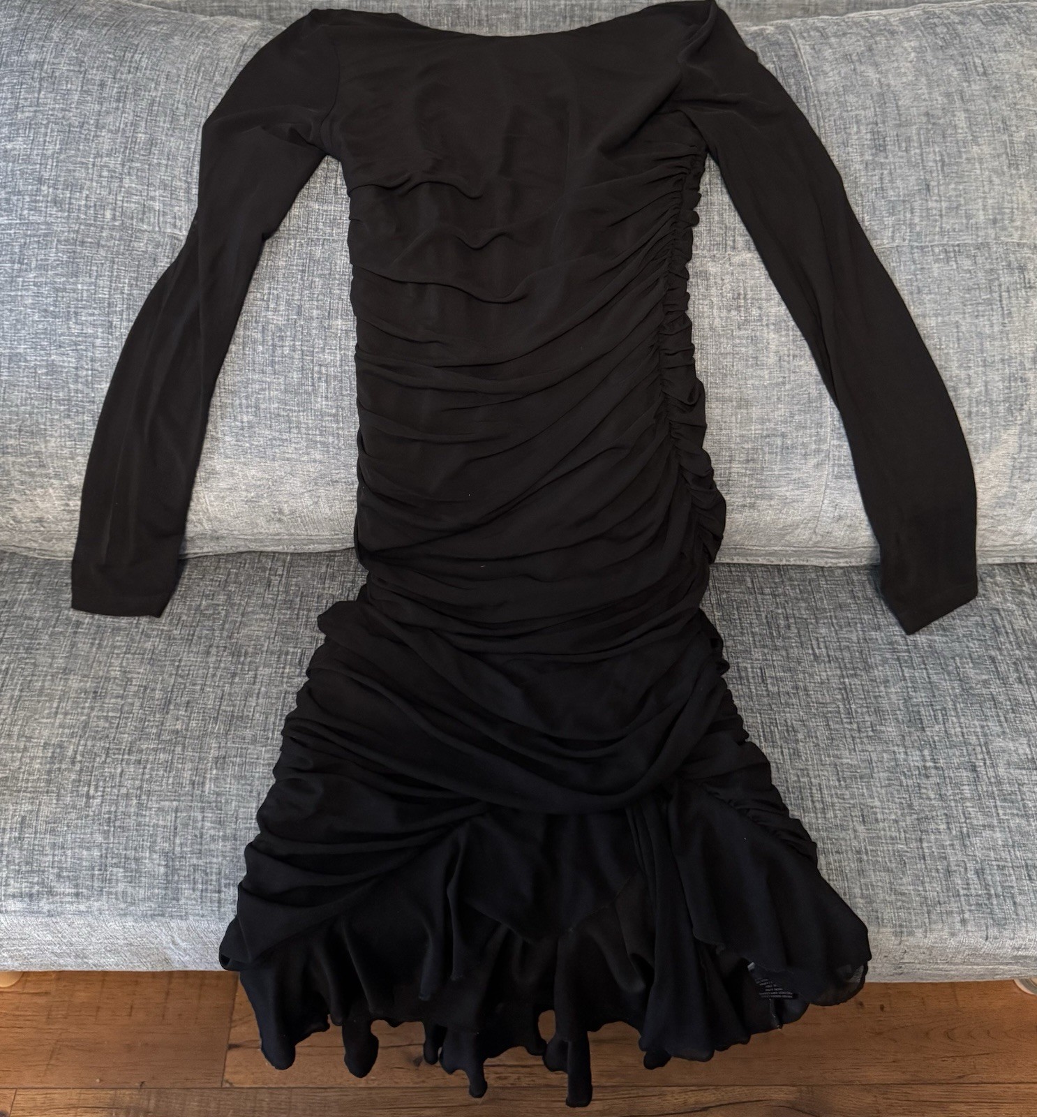 Women’s Black Off-Shoulder Long Sleeve Ruched Bodycon Mini Zip Dress S