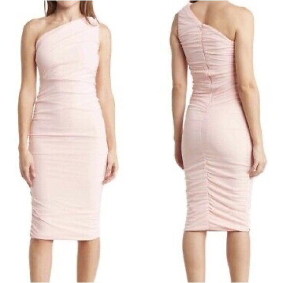 Love x Design One Shoulder Ruched Pink Midi Dress Size Medium