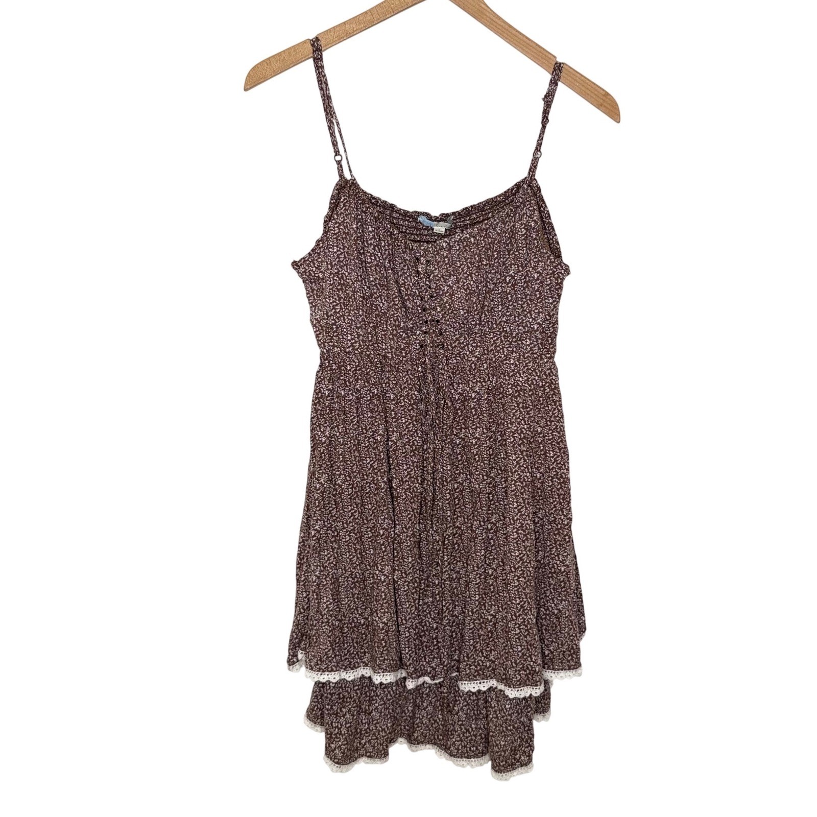 Brown Floral Lace Up Mini Dress size Lg Y2K Babydoll Boho Cottagecore Romantic