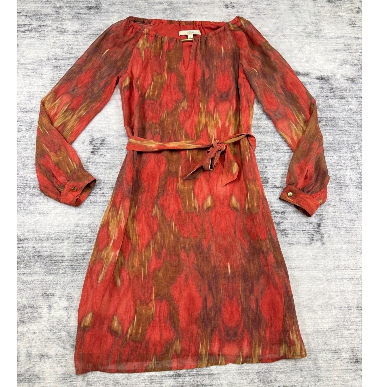Banana Republic Heritage Ikat Print Split Neck Dress Gold Bar Detail Rust Size 2