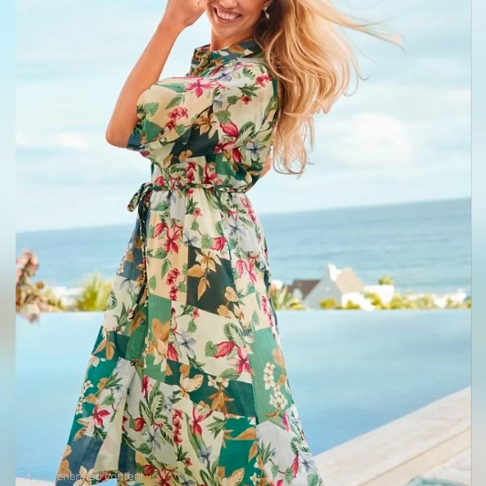Tommy Bahama Womens Hightide Flora Midi Belted Button Front Shirt Dress XL