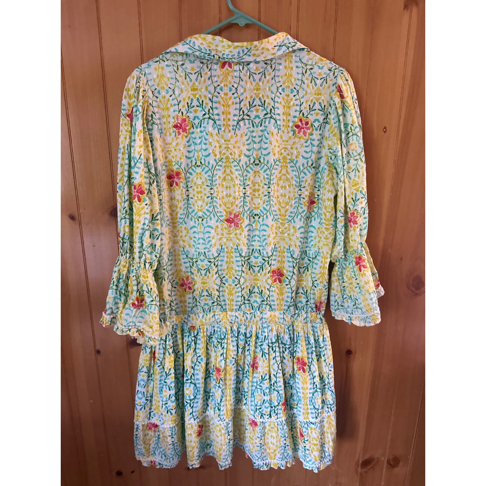 MODAPOSA Cottagecore Floral Block Print Cotton Boho Dress Yellow Teal Pink M