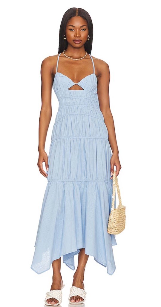 SNDYS Everyday Tahlia Dress Blue M Cut Out Tiered Tie Back Tie Revolve