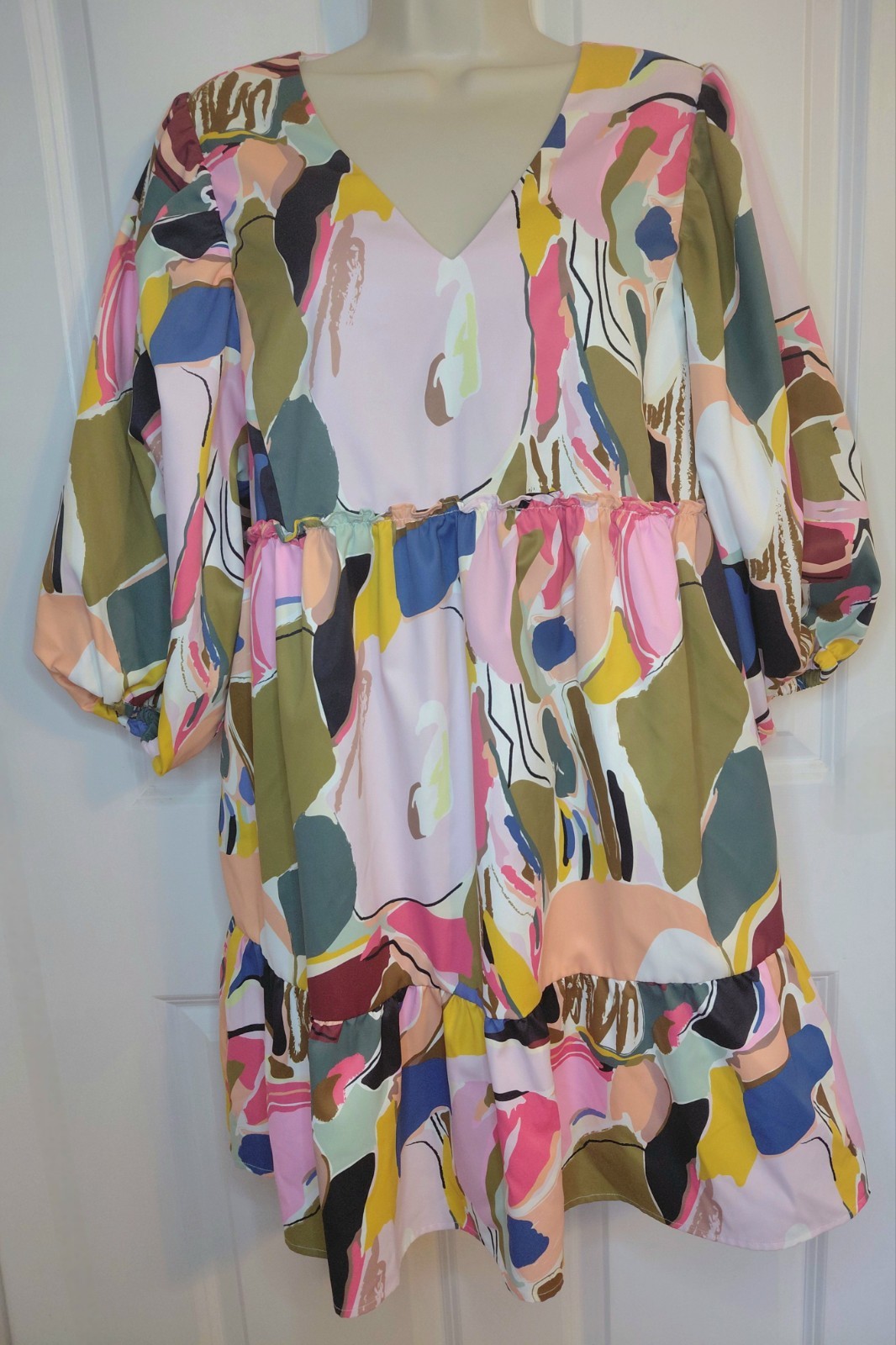 CROSBY by Mollie Burch Abstract Print Tiered Babydoll Party Dress Med Designer