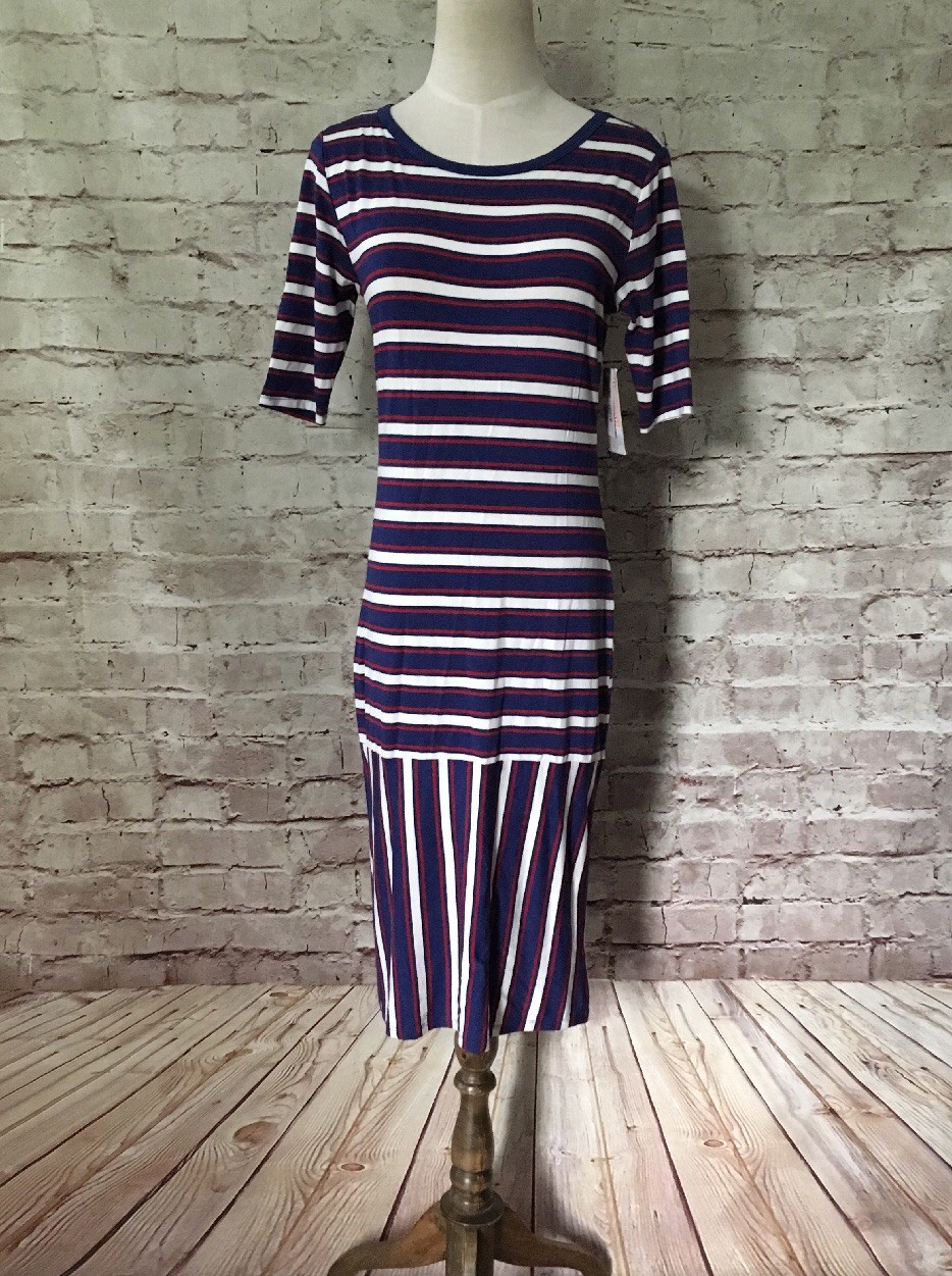 LuLaRoe JULIA Dress Size S Blue White Red Stripe Nautical Patriotic Unicorn