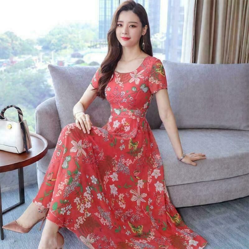 Sleeve L-3XL Size O-neck Slim Short Women Plus Dresses Long Dress Floral Print