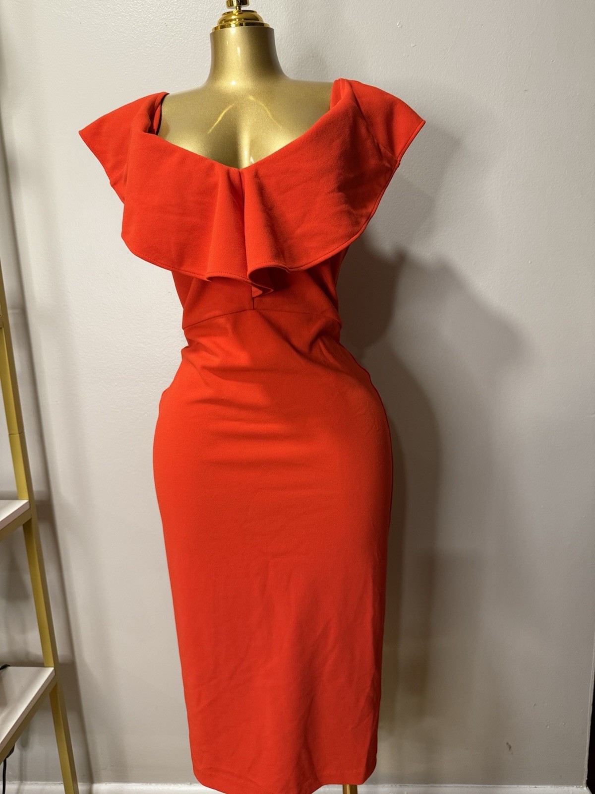 Rachel Roy Red Off-Shoulder Ruffle Midi Sheath Dress Solid Spaghetti Strap S