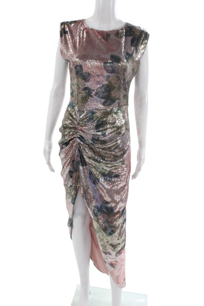 Aqua Womens Bodycon Sheath Pink Floral Long Crew Neck Zip Dress Size S