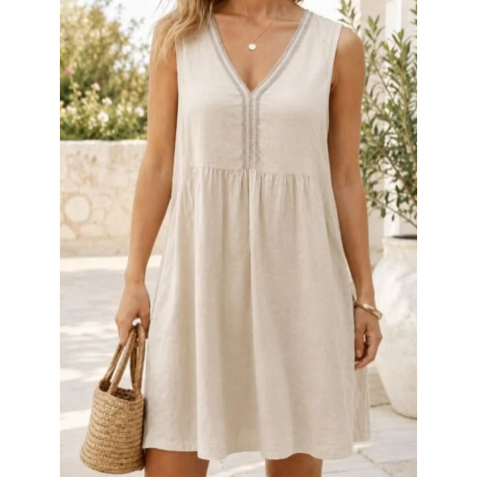 Terzo Millennio Linen Italy Made Sleeveless Cream Shift Dress Neutral Large