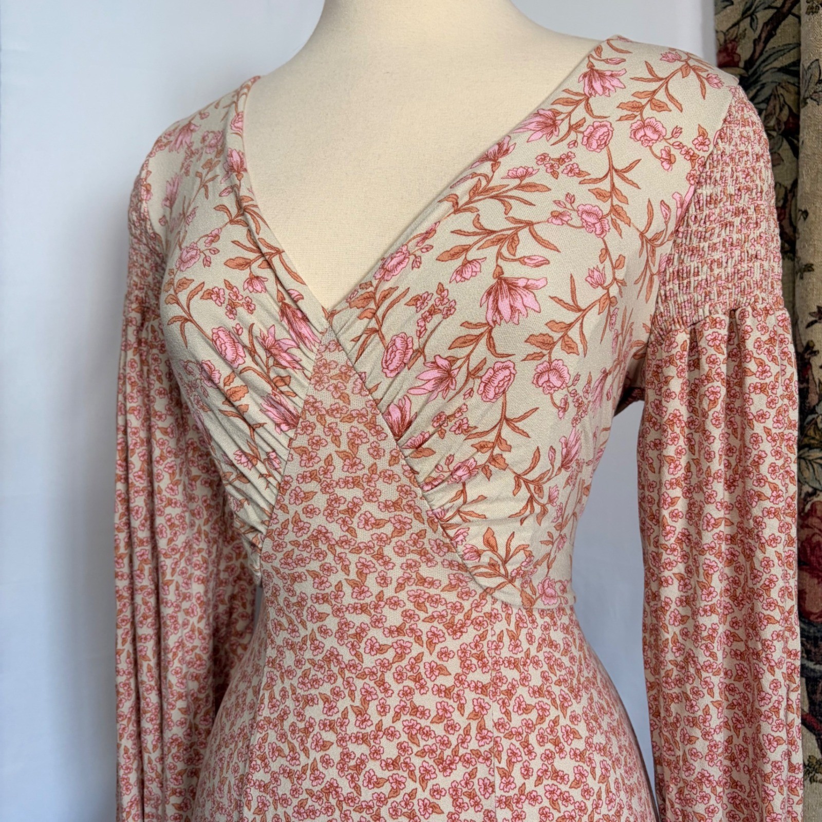 FREE PEOPLE Floral Mixed Print Maxi Dress with billowed sleeves and open back