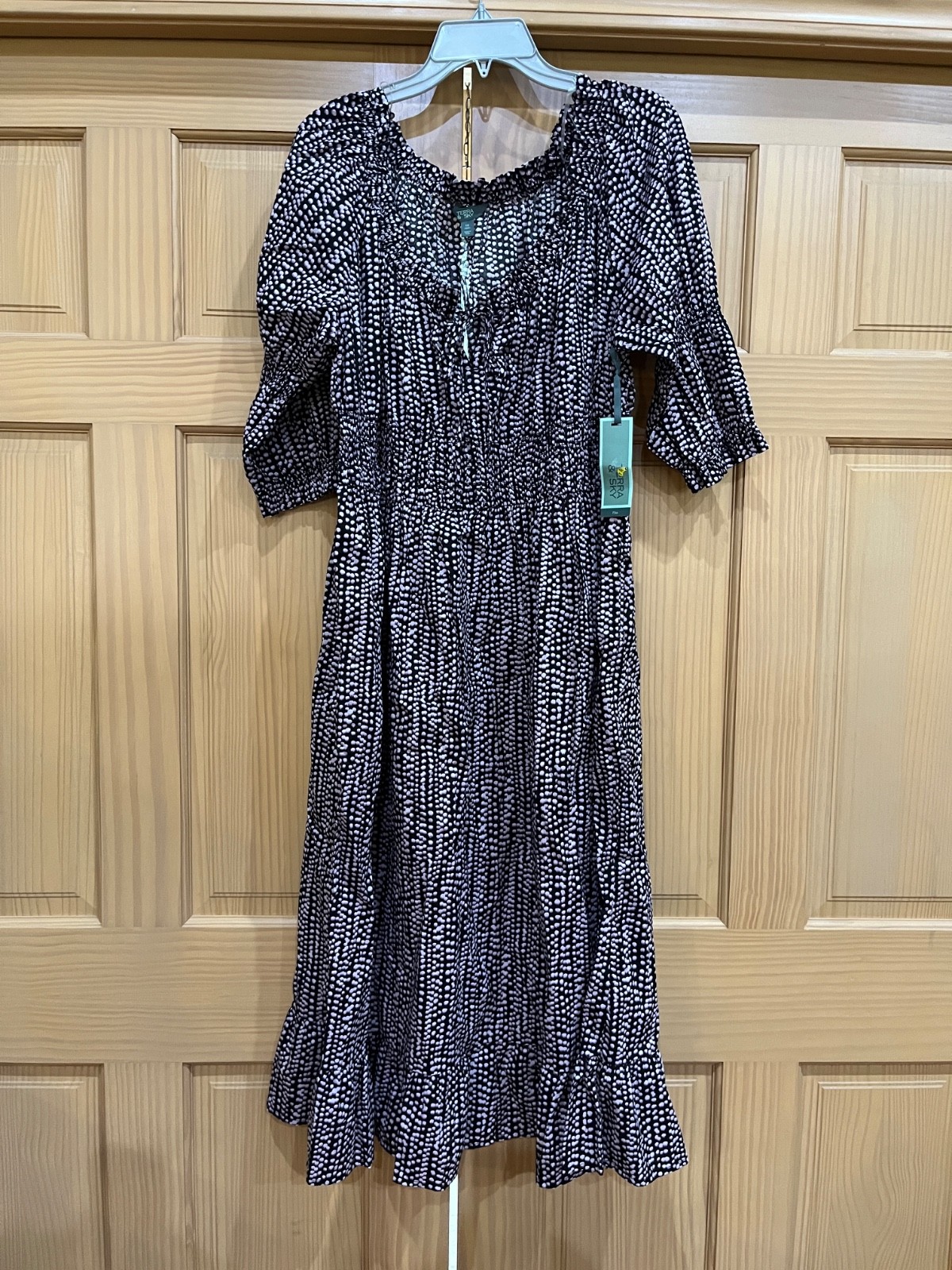 Terra & Sky Women’s Plus U pick Smocked Waist Dress Falling Dots Black Lavender