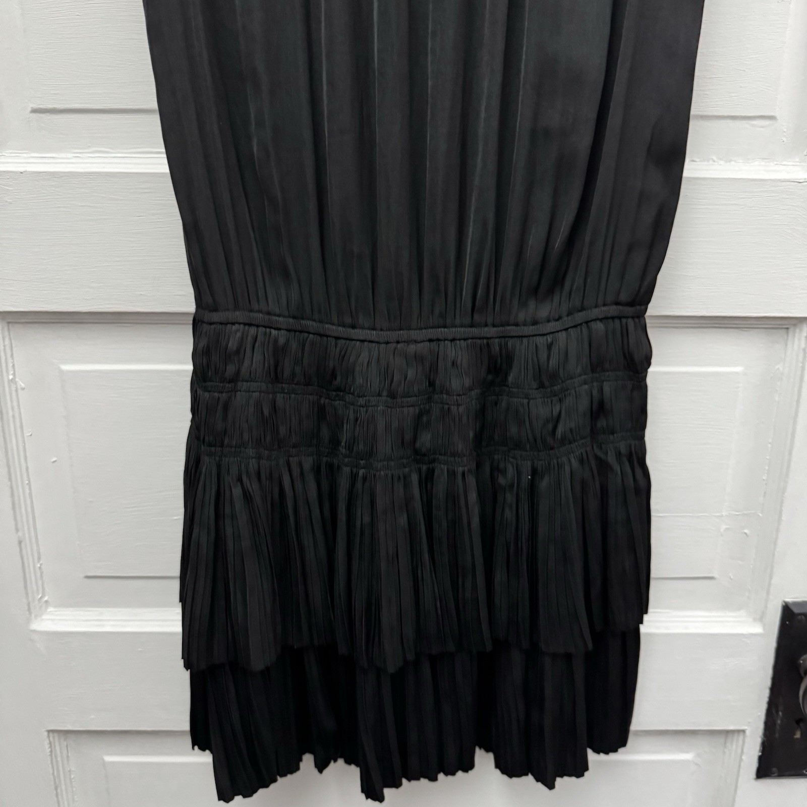 Current Air Black Pleated Ruffle Dress Size S Tie Neck Tiered Mini Boho