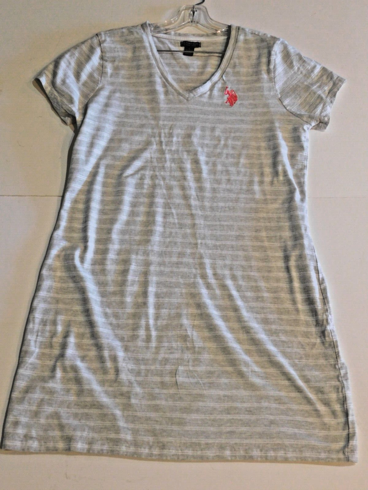 US Polo Assn Size L Grey Stripe Womens Stetch Cotton Knit Logo Slimming Dress