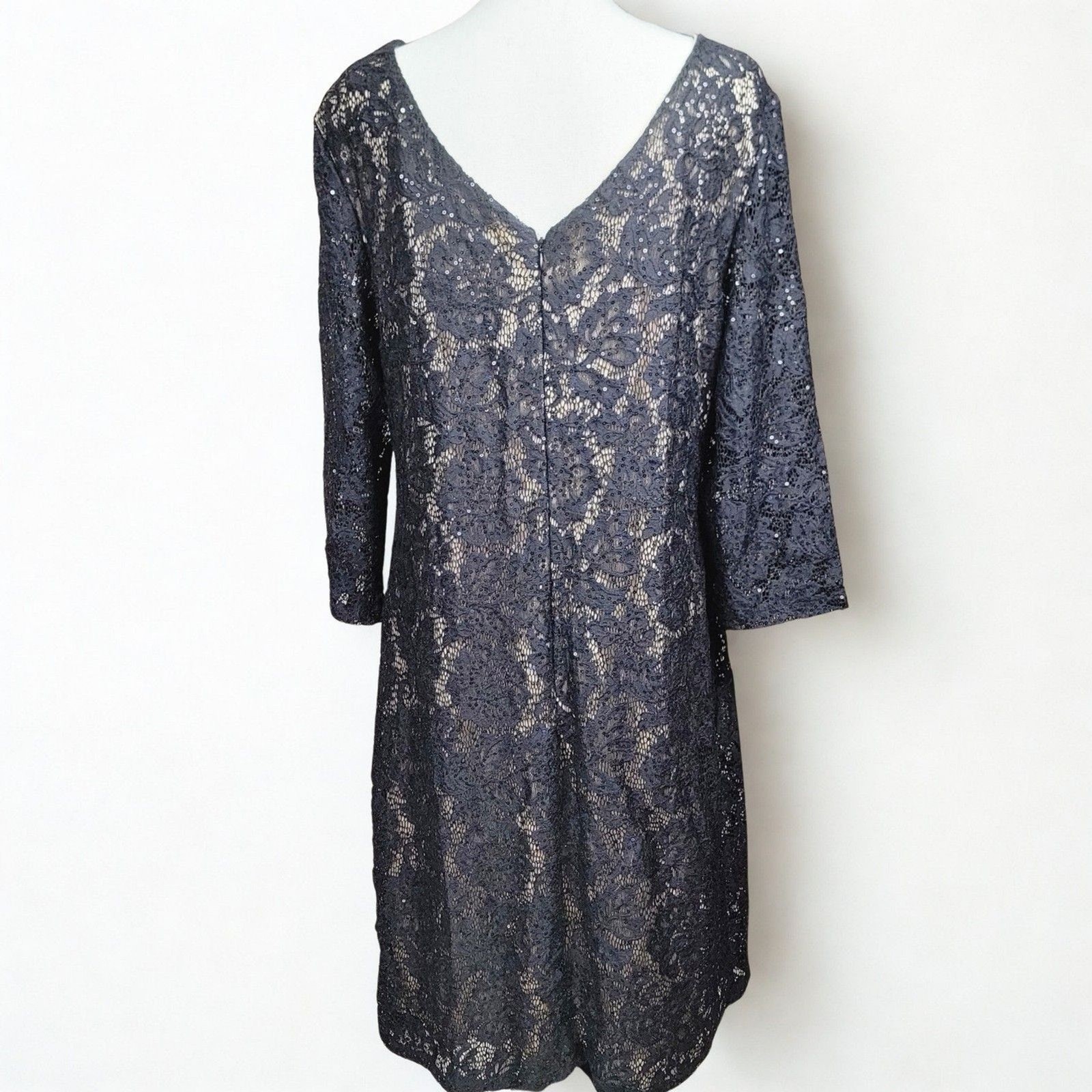 Scarlett Black Lace Sequin 3/4 Sleeve Cocktail Formal Dress Size 16 Knee Length