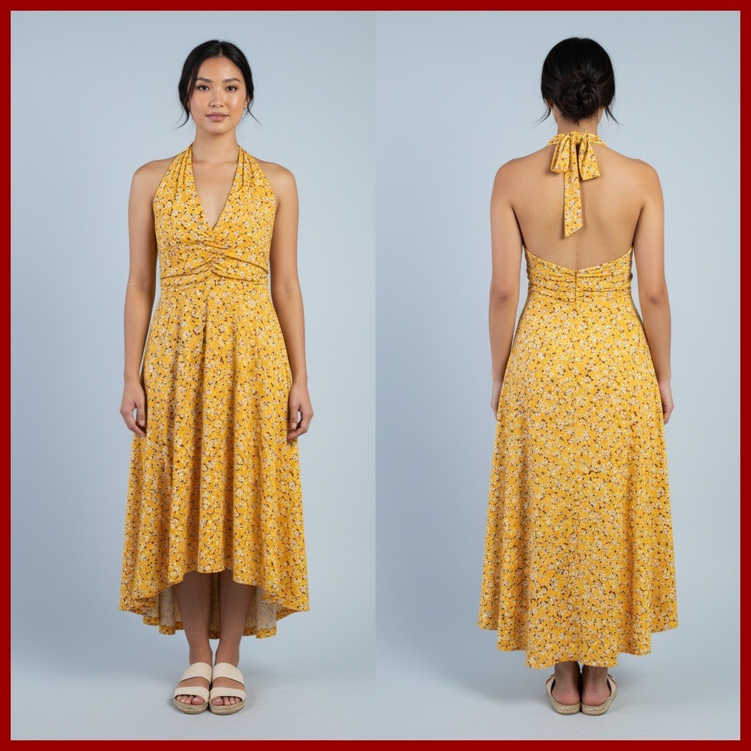 Yellow Floral Halter Dress Ruched Midi A-Line Summer Casual Sleeveless Tie Knit