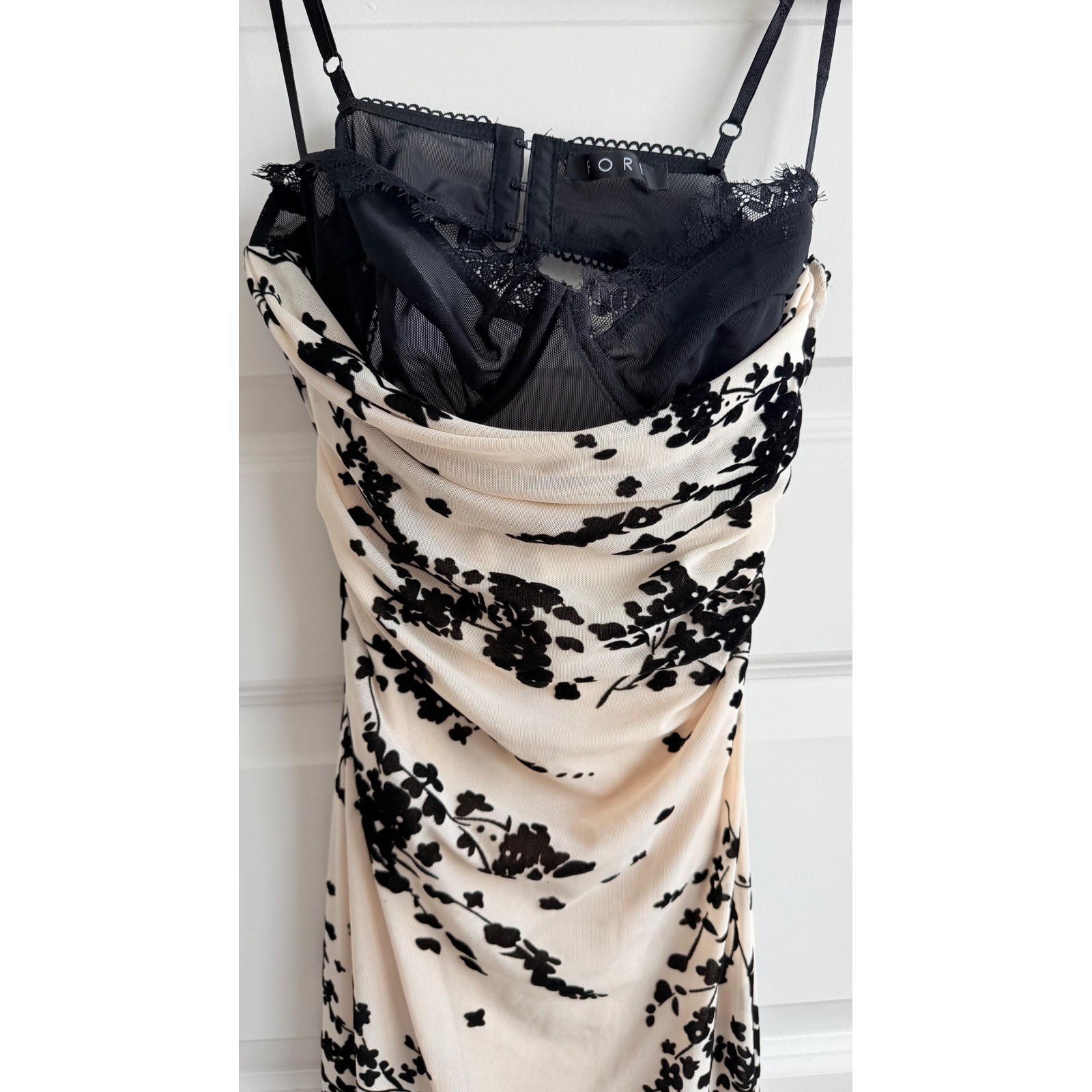 FORE Floral Velvet Mesh Cowl Neck Midi Bodycon Dress Womens Small Cream Black