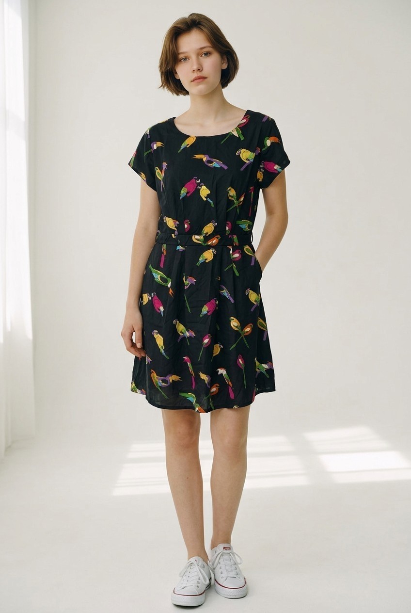 Lucky & Coco black dress featuring a vibrant, colorful parrot print. Medium