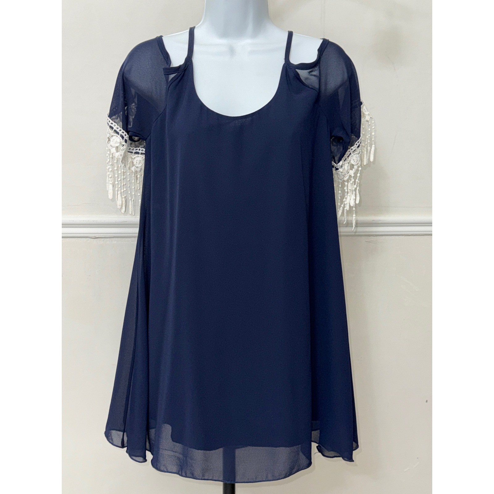 A’GACI Navy Blue Cold Shoulder Mini Dress White Crochet Lace Fringe Small