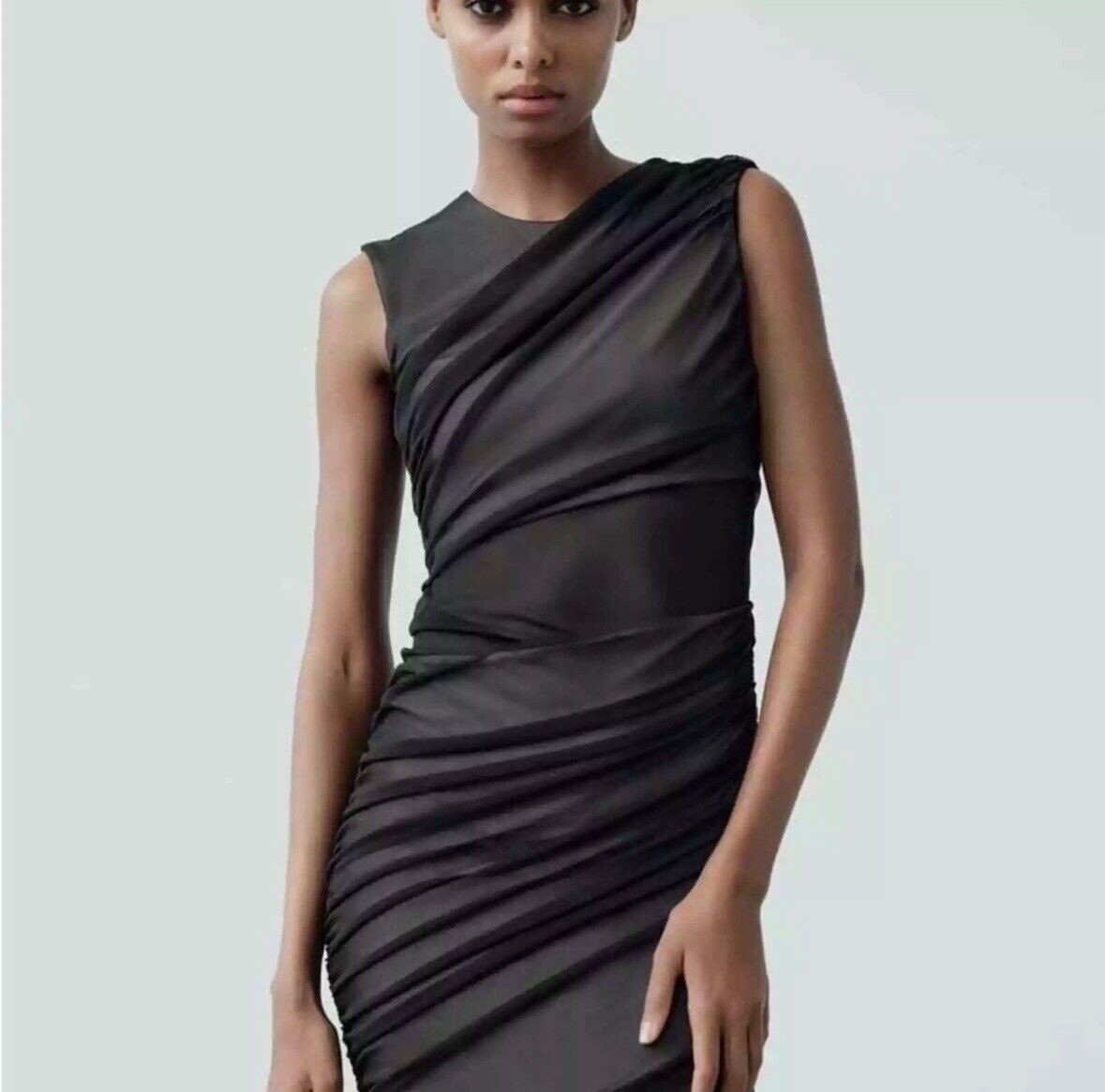 BNWT ZARA CONTRAST TULLE DRESS WOMEN DRAPED BODYCON MIDI MESH GOWN BLACK XS 8