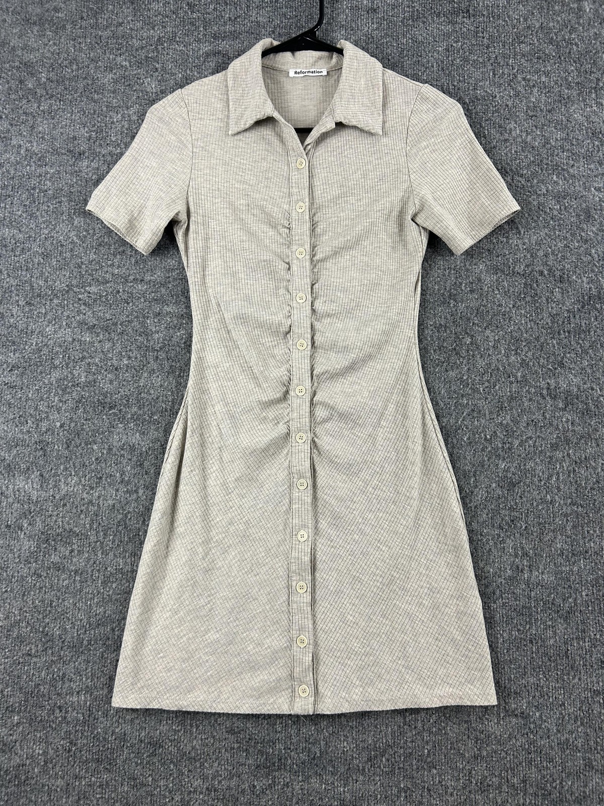Reformation Dress XS Lennon Ruched Button Up Ribbed Polo Collared in Gray Summer