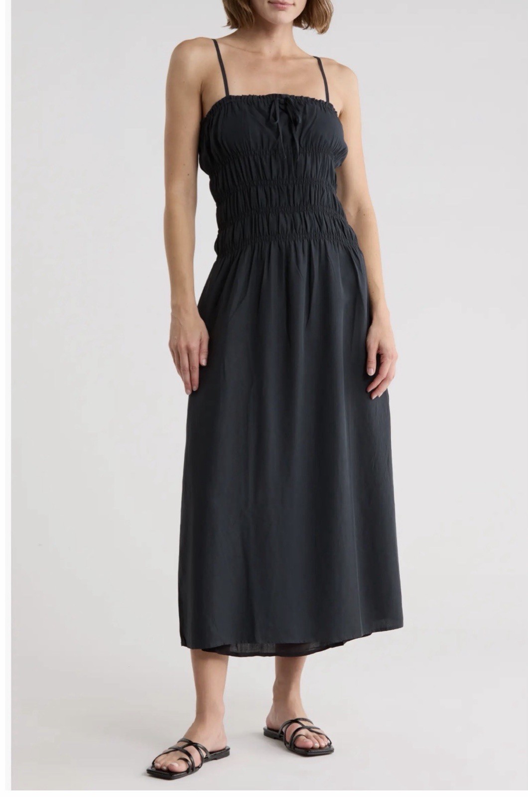 ONIA Black Smocked Midi Dress With Spaghetti Straps Large