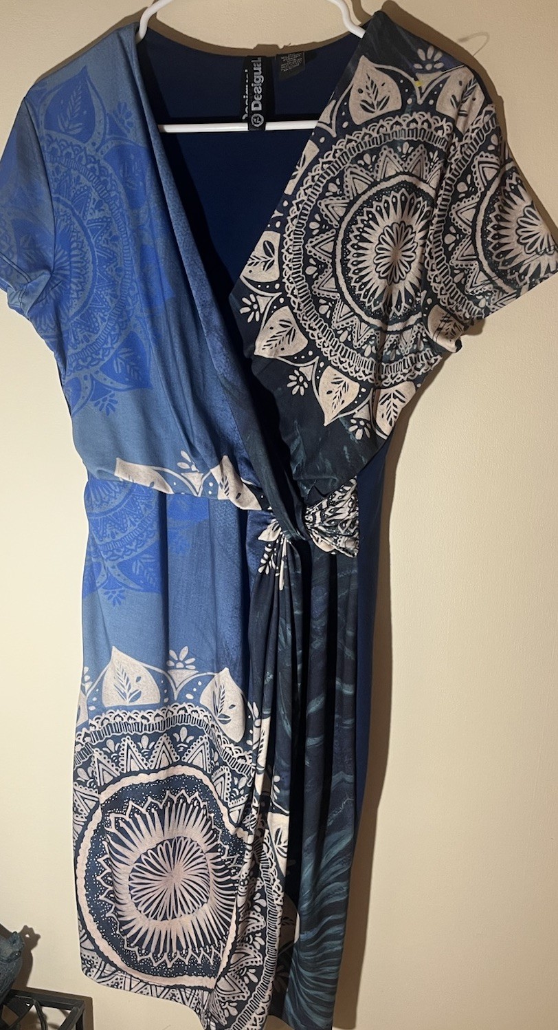 Desigual Dress Women’s XL Bohemian Drape And Knot At Waist Flattering Knee Leng