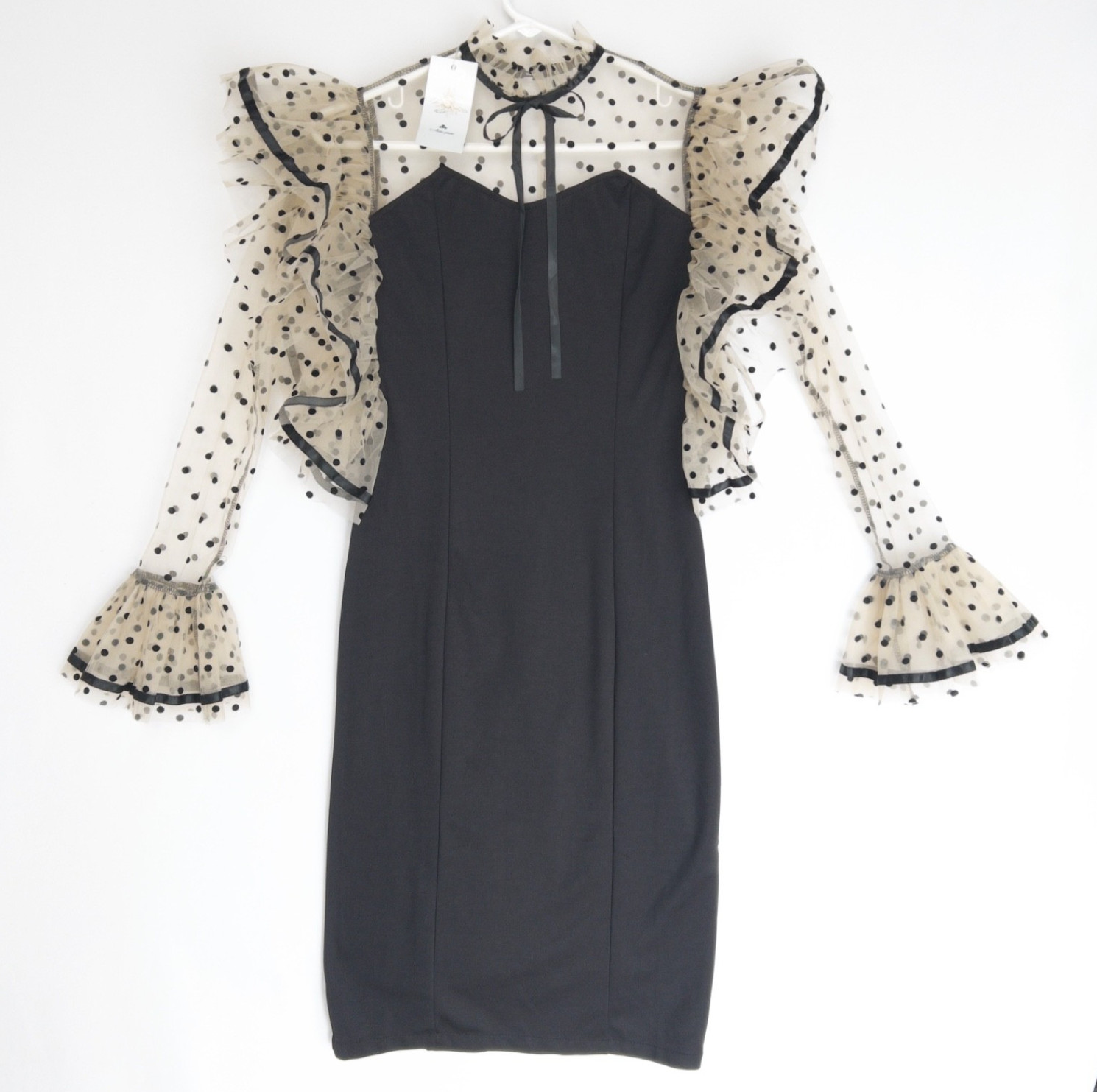 Analisa Splendid Polka Dot Mesh Twee French Retro Ruffle Cuff Dress Womens S NWT