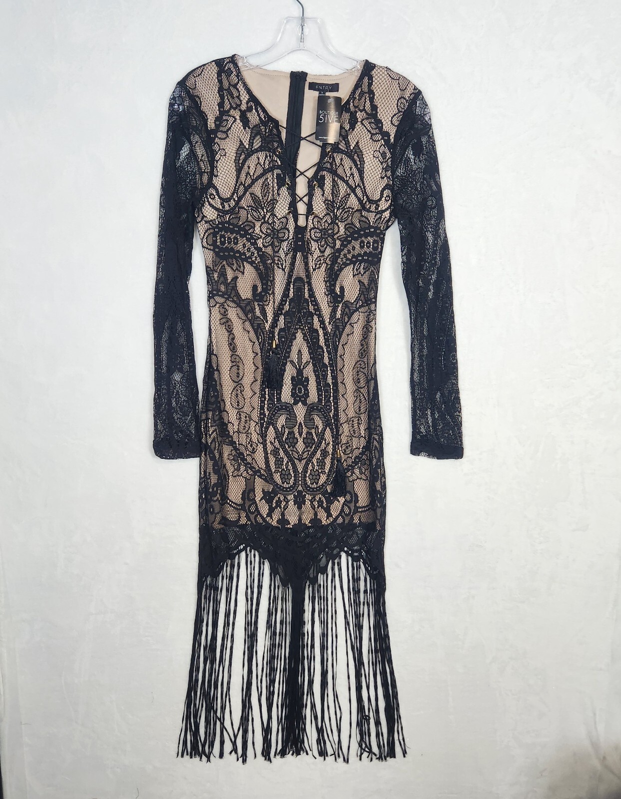 Entry Womens Crochet Tassles Dress S Black Lace Long Sleeve Goth NWT Defect