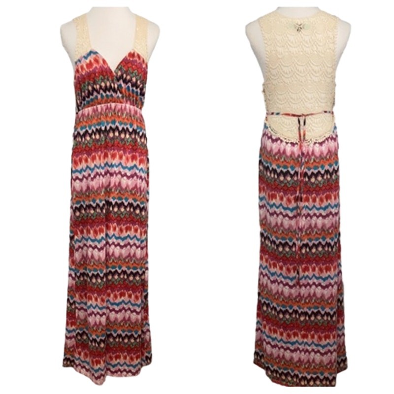 Karlie Red Maxi Dress Medium Multicolor Crochet Open Back Boho Festival Chevron