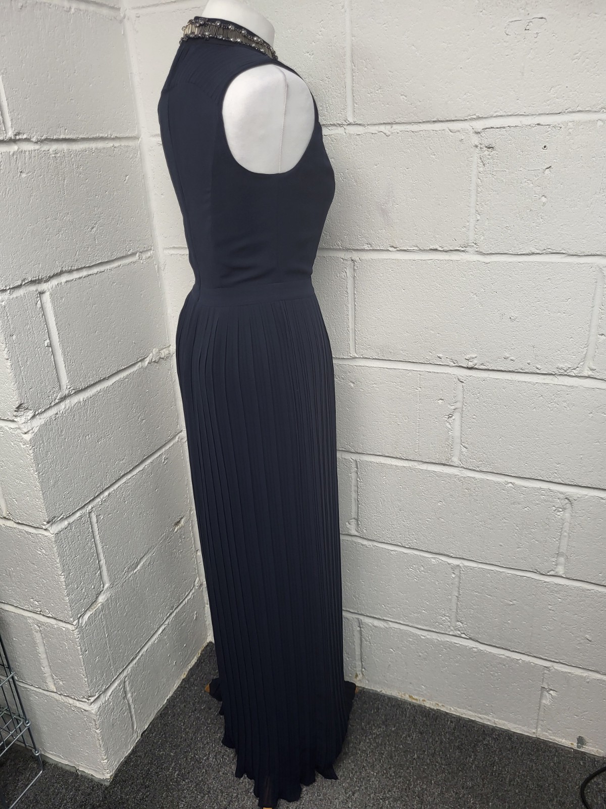 Spotlight Warehouse Navy Blue Embellished Neckline Pleated Maxi Dress Size 8. PT