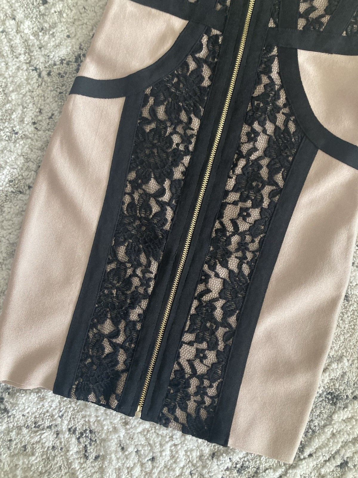 NEW bebe black beige Floral lace straps zipper bandage top dress S Small sexy