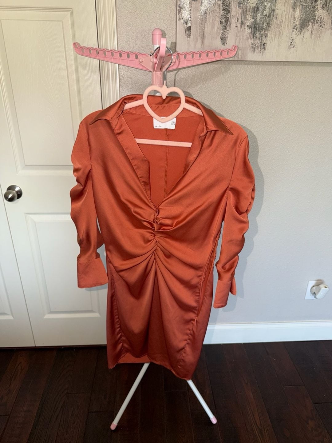 ASOS DESIGN Ruched Satin Shirt Mini Dress in Rust