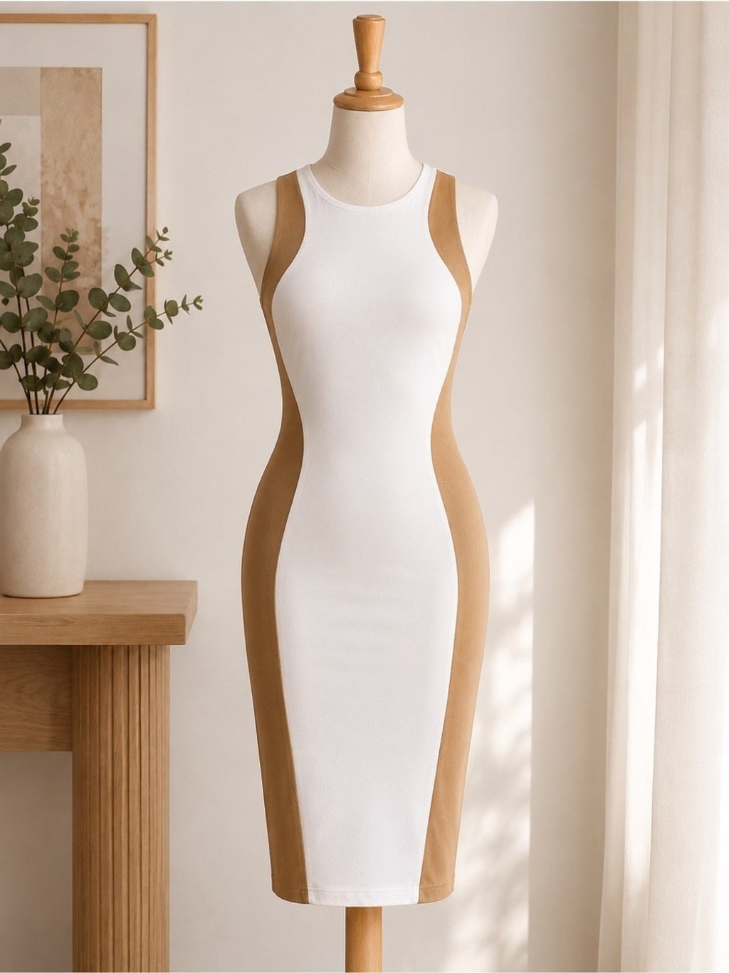 White & Tan Bodycon Midi Dress – Sleek Colorblock Design