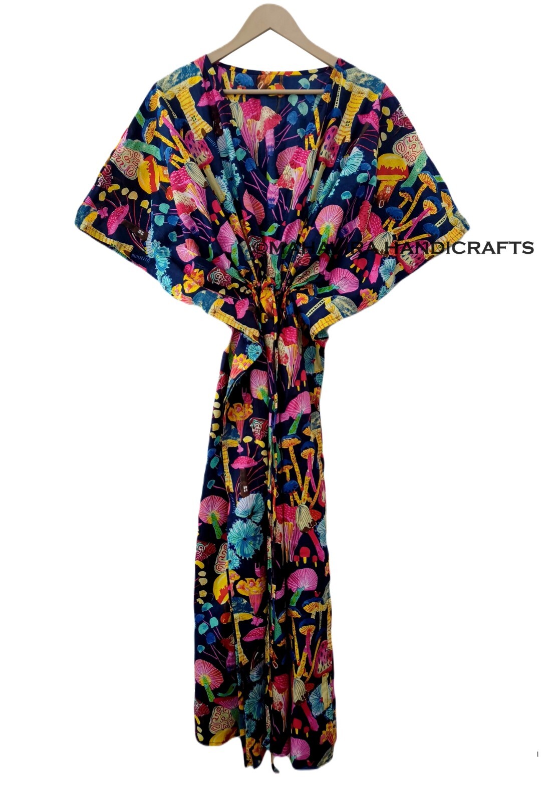 Indian Blue Cotton Loose Sleeve Mushroom Print Free Size Bohemian Caftan Dress