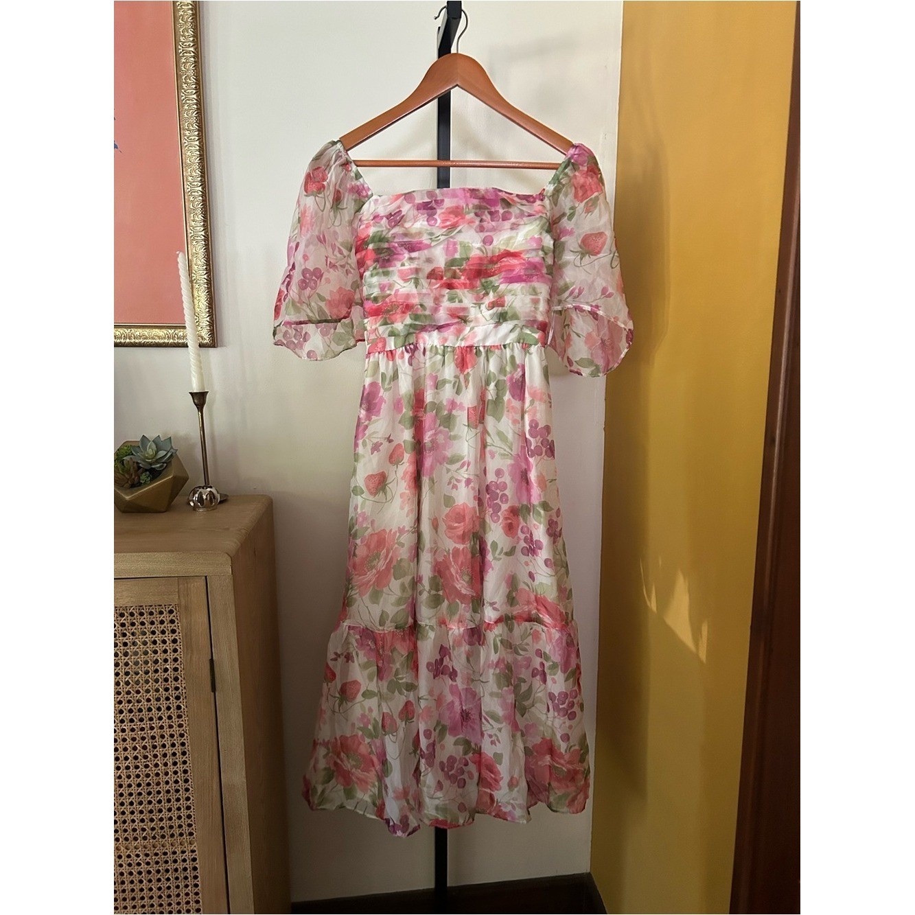 Abercrombie & Fitch Emerson Angel Sleeve Midi Dress Floral Pink Green NEW Small