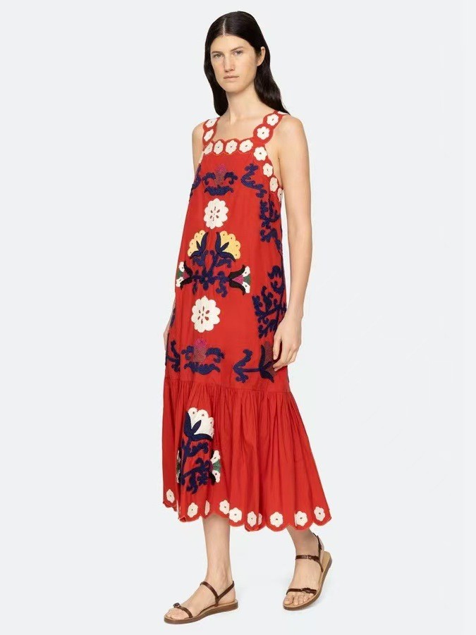 Sea New York French National Style Flower Embroidery Ruffled Suspender Dress