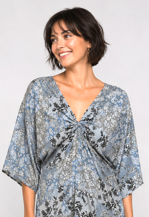 New GIGIO Size L 12 14 Patchwork Print Twist V Neck Midi Dress Back Tassel Tie