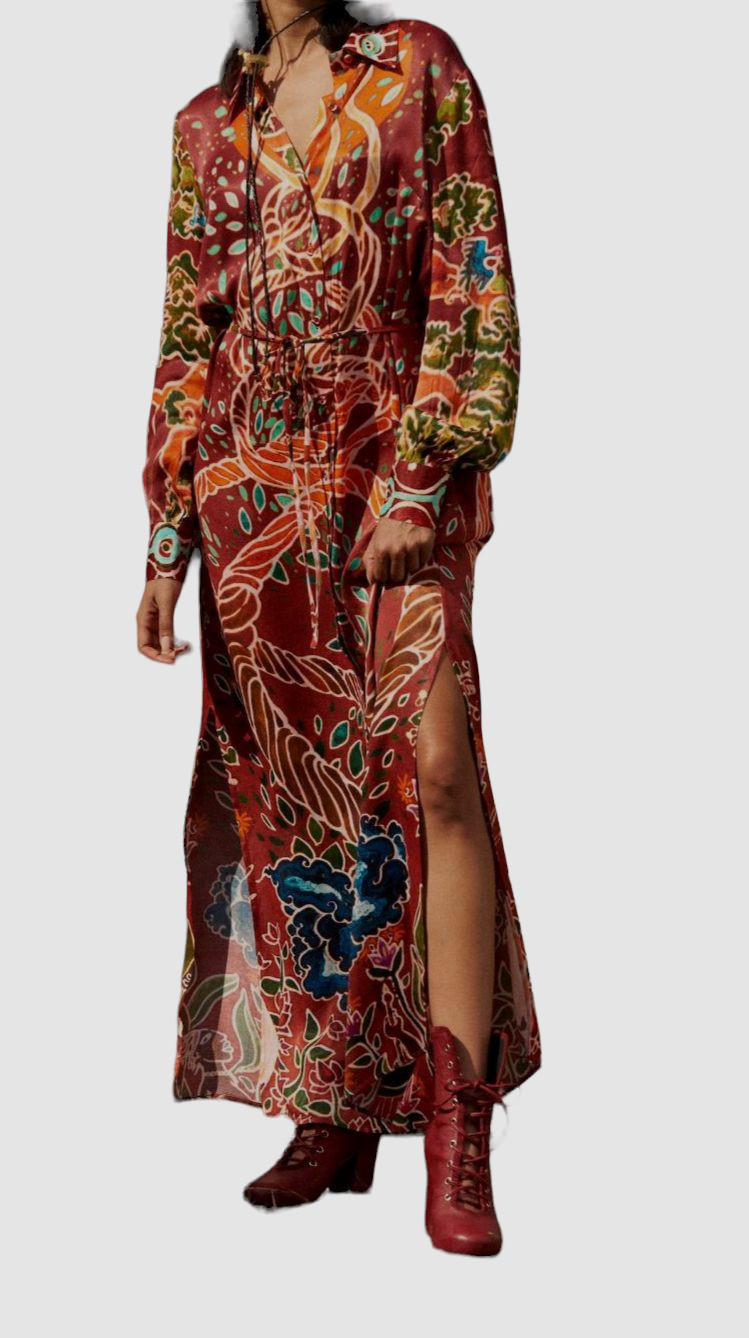 $395 Carolina K Women’s Red Collared Long Sleeve Self-Tie Maxi Dress Size L