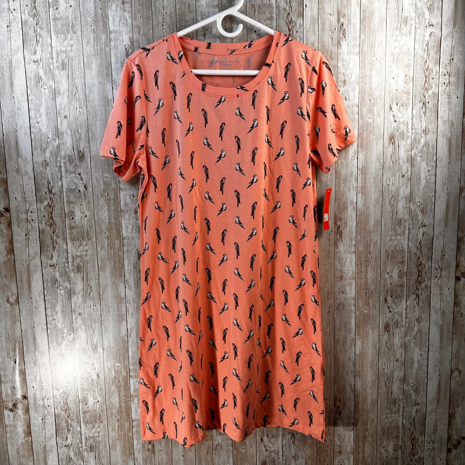 Margaritaville NWT T-Shirt Dress Womens Dress L Peach Orange AOP Parrot Lounge
