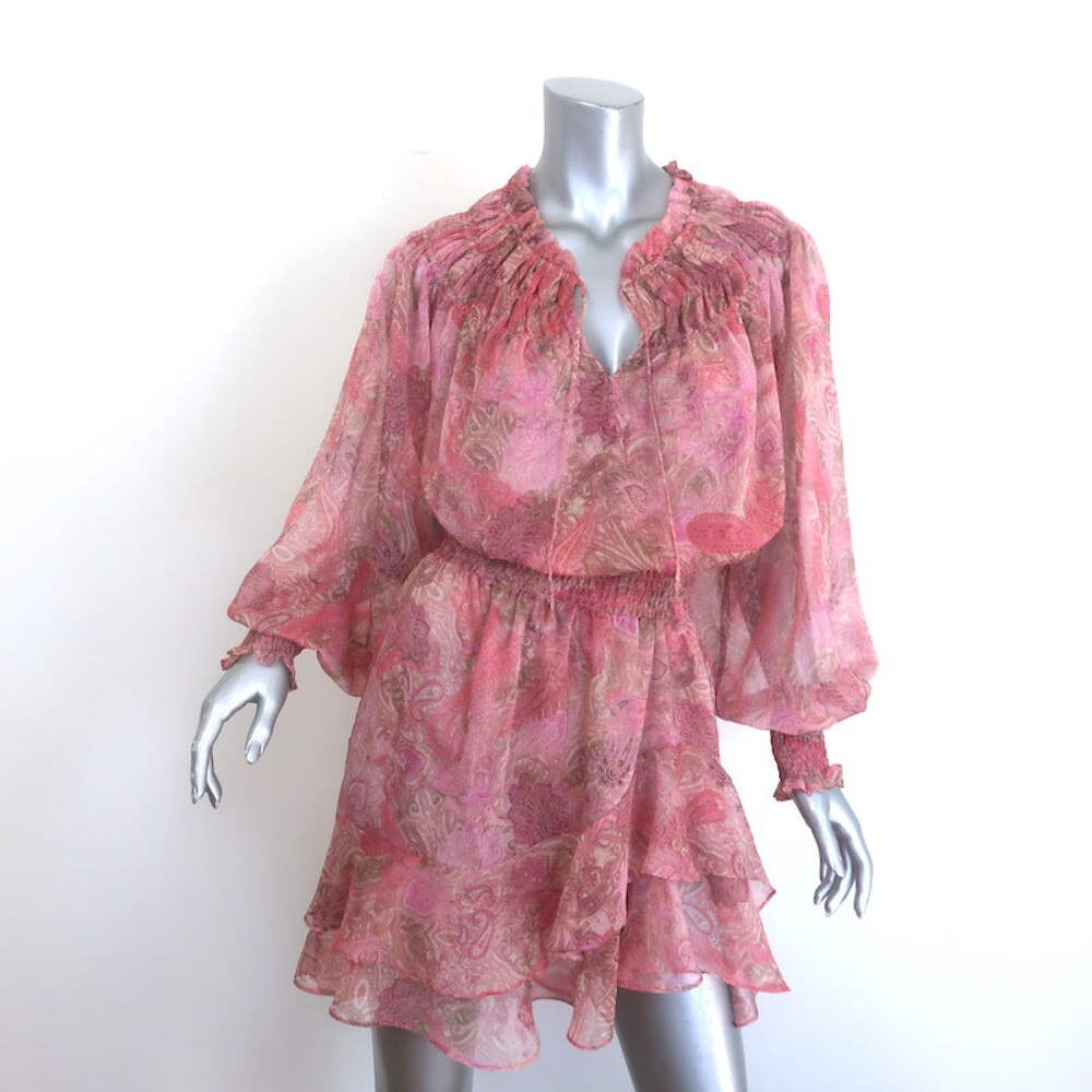 MISA Almaha Blouson Mini Dress Pink Muted Paisley Print Chiffon Size Small
